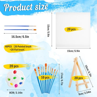 20 Pack Mini Canvas and Easel Set, 5.9 X 5.9 inch Canvas for Drawing, Mini Painting Canvases with 50 Brushes & 20 Paint Trays, Art Painting Kits for Birthday Party Favors