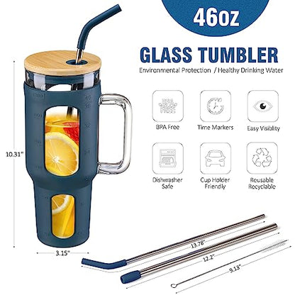 WINSA Glass Tumbler with Lid and Straw, 46 oz Iced Coffee Cup with Handle, Large Water Bottles with Silicone Sleeve, Glass Cup with Straws - Pearl Straw & Drinking Straw BPA Free-Blue - color: Blue, size: 46 Ounces