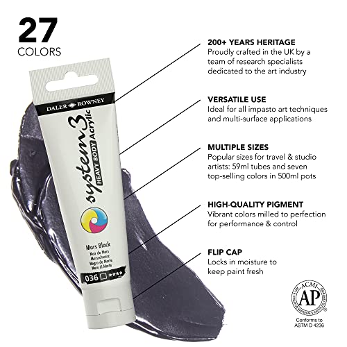 Daler Rowney System3 Mars Black Heavy Body Acrylic Paint 59ml - Art Paint for Artists and Students - Artist Paint for Canvas Murals and More - Thick Acrylic Paint for All Skill Sets