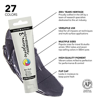 Daler Rowney System3 Mars Black Heavy Body Acrylic Paint 59ml - Art Paint for Artists and Students - Artist Paint for Canvas Murals and More - Thick Acrylic Paint for All Skill Sets