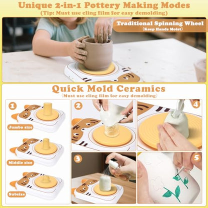 YOOIU Pottery Wheel for Kids, Art Supplies Arts & Crafts Kit, Crafts Toys for Girls 6+, Pottery Studio Craft Kit with 4 Pack Air-Dry Clay,Girls Toys Birthday Gift for Kids Ages 6 7 8 9 10 11 12+ - color: White -Tiger