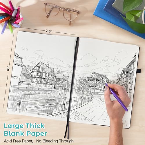 Blank Notebook, Hardcover Sketch Book, 8.5" x 11" Large Blank Journal, No Bleed Thick Paper Sketchbook for Drawing Art, Unlined Notebook Journal for Women Men, A4 Leather Sketchbook, Lay Flat, Teal - color: Teal