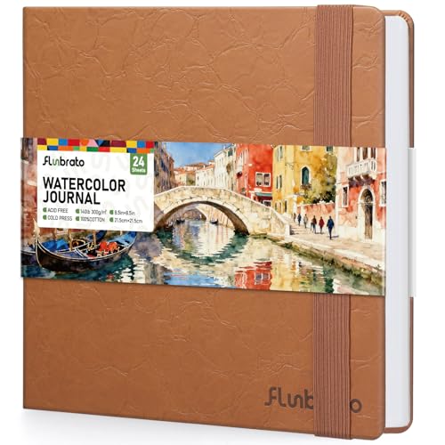Watercolor Journal 8.5"x8.5"- 100% Cotton, 24 Sheets 140LB/300GSM Cold Press, Square Watercolor Sketchbook - Perfect for Watercolor, Gouache, Acrylic, Ink & Mixed Media Professional Art Supplies - color: Tawny