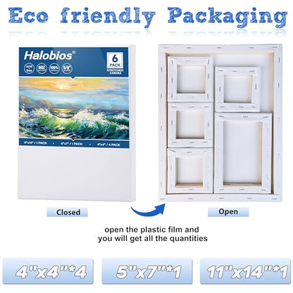 Halobios 6 Packs Stretched Canvases for Painting with 4x4in, 5x7in, 11x14in Canvas, Blank Canvases for Acrylics, Oils & Other Painting Media, 5/8 Inch Profile 100% Cotton Artist Framed Canvas - size: 6 Pack Mixed - 11×14IN 5×7IN 4×4IN
