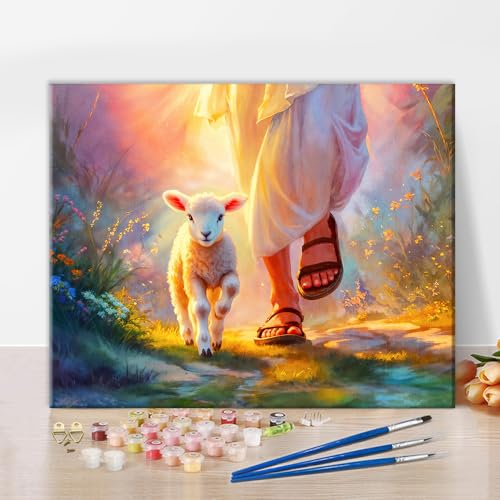 TUMOVO DIY Paint by Numbers for Adults Art Religious Christianity Adults' Paint by Number Kits Lamb Walking with Jesus Art Oil Hand Painting Paint Kits Art Crafts for Home 16x20 in - color: Artwork-06