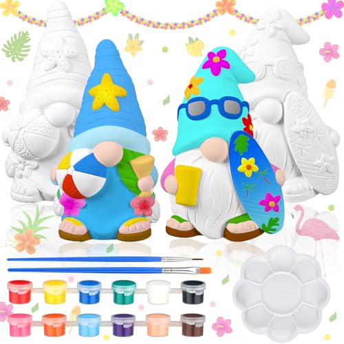 Poen 2 Pack Beach Summer Ready to Paint Your Own Gnome Statues, 4 Inches Mini Blank Ceramics to Paint Unpainted Gnome Figurines Crafts DIY for Farmhouse Gift Decor (Beach Style) - style: Beach Style