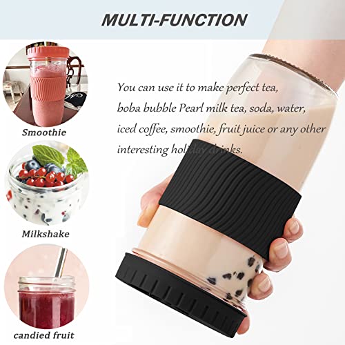 Amyoole 2 Pack Reusable Boba Cup,24Oz Wide Mouth Smoothie Cup,mason Jar Glass Cups with Lids and Straws,Bubble/Boba Tea Cups,Ice Coffee Tumbler 2 colored straws 1 sponge brush(Black) - color: Black