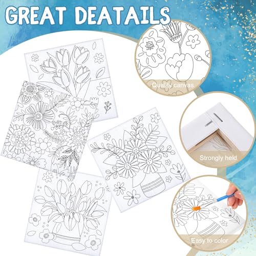 Honoson 6 Pcs 6 Inch Pre Drawn Outline Canvas Paint Kit with Pictures for Adults Paint Party Stretched Canvas Art Boards Set for Adult Beginner(Floral Style) - style: Floral Style