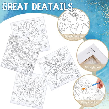 Honoson 6 Pcs 6 Inch Pre Drawn Outline Canvas Paint Kit with Pictures for Adults Paint Party Stretched Canvas Art Boards Set for Adult Beginner(Floral Style) - style: Floral Style
