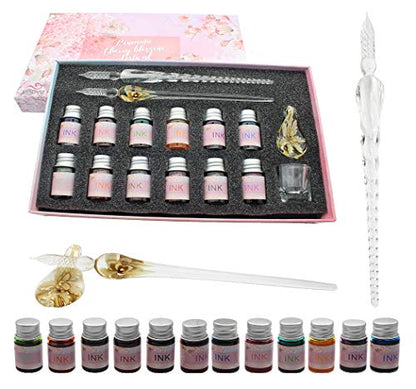 XIAOYU Glass Dip Pen Ink Set, 16 Pieces Calligraphy Pens Set - 12 Colorful Inks, Pen Holder, Cleaning Cup, 2 Crystal Glass Pens for Writing, Signature - Yellow - color: Yellow