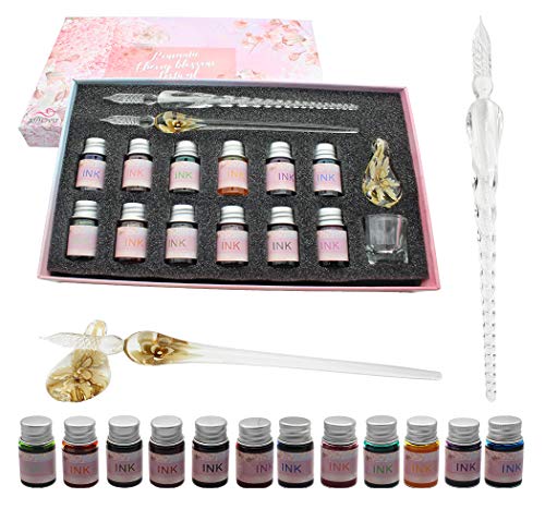 XIAOYU Glass Dip Pen Ink Set, 16 Pieces Calligraphy Pens Set - 12 Colorful Inks, Pen Holder, Cleaning Cup, 2 Crystal Glass Pens for Writing, Signature - Yellow - color: Yellow
