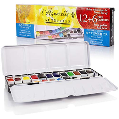 SENNELIER L'Aquarelle French Watercolor Paint, Metal Set of 18 Half Pans