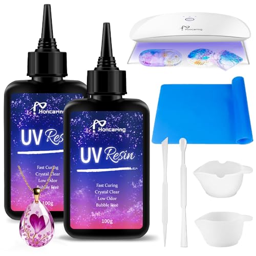 Honcaring UV Resin Kit 200g with UV Light, Hard Type UV Resin Kit, Upgraded Formula & Crystal Clear UV Resin for Jewlery Making, 100g*2 Resin UV Kit with Light for Earring, Pendant, DIY - size: 200g