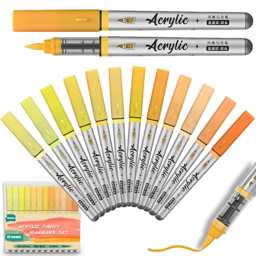 Yellow Acrylic Paint Markers Pens 12 Color Creative Marker Set with Soft Brush Tip Blendable, Water-Based Formula for Paper, Wood, Ceramic, Glass, Rock, Canvas, Metal, Ideal for DIY Crafts - color: Yellow