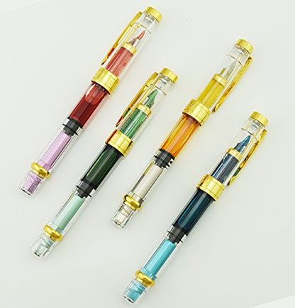 Lanxivi 4 PCS Yongsheng 3008 Piston Fountain Pen Fine Nib Transparent Diversity Color Gold Trim Set - color: 3008 Gold Trim F