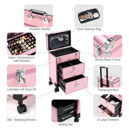 3 in 1 Rolling Makeup Case, Professional Cosmetology Case on Wheels, Detachable Clear Makeup Bag & Nail Polish Organizer, Portable Makeup Trolley with Drawers for Makeup Artists & Nail Technicians - color: Pink