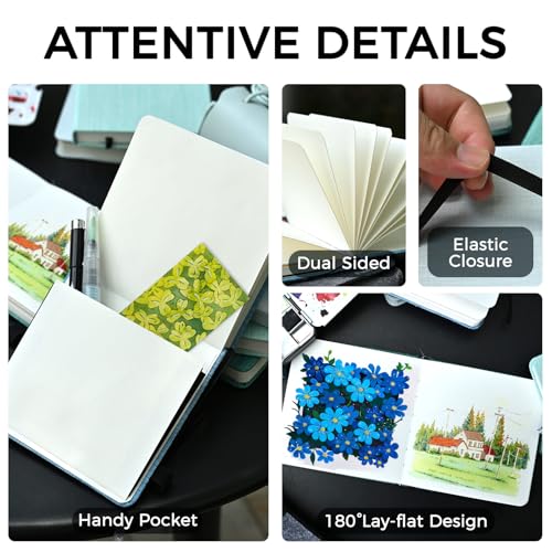 Funto Hot Press Watercolor Journal 2 Pack, 4.7”x4.7” 48 Sheets Total, 100% Cotton Smooth Paper 300gsm/140lb, Acid-Free Sketchbook Set for Artists & Illustration - color: Light Green