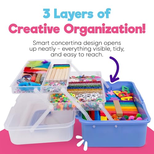 Blue Squid Arts & Crafts Box (Purple)- 2800+ pcs Deluxe Craft Supplies Box, 2 Drawers, 18 Compartments, Sturdy Handle - Art Crafting Kit Birthday Gifts for Kids, School Supply for Ages 4-12 - color: Purple