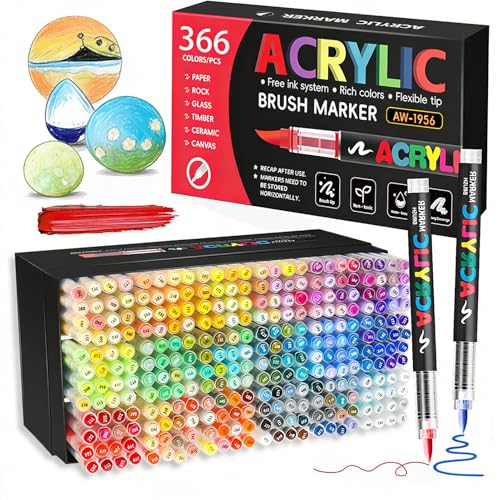 Bisofice Acrylic Paint Markers Set with Nylon Brush Tip Fast Drying Ink for Rock Glass Wood Ceramic Canvas Fabric Plastic Metal Tire Leather Smooth Coverage with 10pcs Elastic Nib (366)