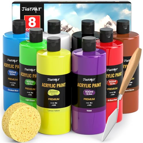 JusArt Beginner Acrylic Paint Set, 8 Colors (16.9oz/500ml Each) Bulk Large Bottles Artist Primary Paints for Canvas, Walls, Ceramics, Rocks, Eggs, Glass, Crafts - color: 8 Colors