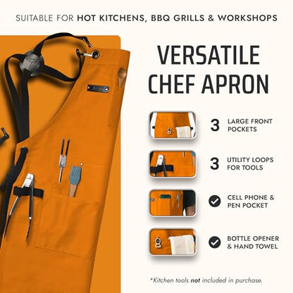 Asaya Chef and BBQ Apron with Bottle Opener and Hand Towel - 10oz Cotton Canvas, Stainless Steel Hardware - Cross Back Straps - color: Orange