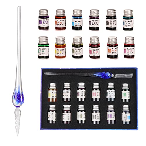 Glass Pen Set Calligraphy Dip Pens,12 Colorful Inks,Caligraphy Sets for Art, Writing, Signature, Decoration, Gift - color: Blueflower
