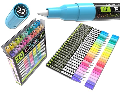 24 Confetti Colors Acrylic Paint Pens Markers Set 0.7mm Extra Fine Tip, Rock Painting, Glass, Mugs, Wood, Metal, Canvas, Ceramics, DIY Projects, Illustration. Non Toxic, Waterbased, Quick Drying - color: CONFETTI XF