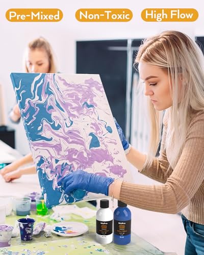 Nicpro 14 Colors 8.45oz Acrylic Pour Paint Supplies Kit, Large Volume Premixed High Flow Painting Bulk Set with Canvas, Wood Natural Slices, Pouring Oil, Tools Gloves, Strainer, Cups for Beginner DIY - color: 14 Colors
