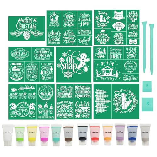 25PCS Merry Christmas Silk Screen Stencils,Christmas Chalk Paste and Transfers Stencil Winter Self Adhesive Stencils Reusable for Painting on Wood,Fabric,Home,Chalk Paste Paint Mini Squeegees Set - color: 25 PCS chak paste starter kit