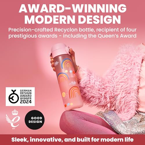 Ion8 Leak Proof Slim Water Bottle - 500ml/18oz, Pink Rainbow - BPA-Free Odor Resistant Recyclon Polymer with One-Touch Flip Lid, Carry Loop, No Straw - Dishwasher Safe, Cupholder/Backpack Friendly - color: Rainbows, size: 18oz / 500ml