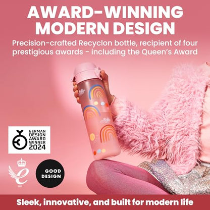 Ion8 Leak Proof Slim Water Bottle - 500ml/18oz, Pink Rainbow - BPA-Free Odor Resistant Recyclon Polymer with One-Touch Flip Lid, Carry Loop, No Straw - Dishwasher Safe, Cupholder/Backpack Friendly - color: Rainbows, size: 18oz / 500ml