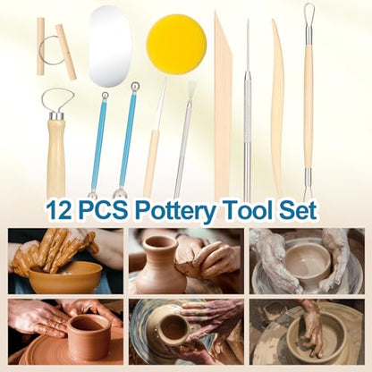 Amrules Clay Tools Kit, 12 PCS Pottery Tools, Practical Polymer Sculpting Tool Kit, Air Dry Clay Tool Set Suitable for Adults, Pottery Craft, Dotting, Drawing, Modeling, Shaping - color: Lightyellow-12Pcs