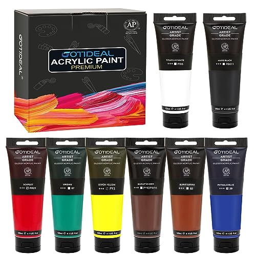 GOTIDEAL Craft Acrylic Paint Set,8 Primary Colors（(120ml,4 oz) Rich Pigments Non-Toxic Washable, Professional Paint for Pouring on Canvas, Rocks, Ceramic, Fabric, Leather, Ideal for Artist, Adults - color: 8 Colors, style: Regular
