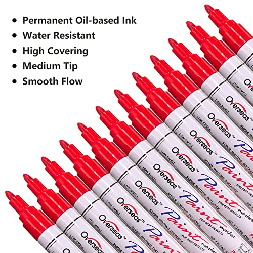 Lesun Red Paint Pens Markers - 12 Pack Waterproof Oil-Based Paint Pen Set Quick Dry Permanent Markers for Metal, Rock Painting, Stone, Ceramic, Wood, Fabric, Plastic, Canvas, Glass, Mugs, Tires - color: Red