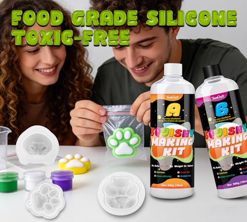 Liquid Silicone for Taba Squishy Kit 36oz, 1:1 AB Super Soft Silicone, Bubble-Free Fast Cure, DIY Squishy Making Kit with 5 Molds (Cat Paw, 2×Hamster, Bear, Taiyaki), Stress Relief Gift for Beginners - color: 36oz