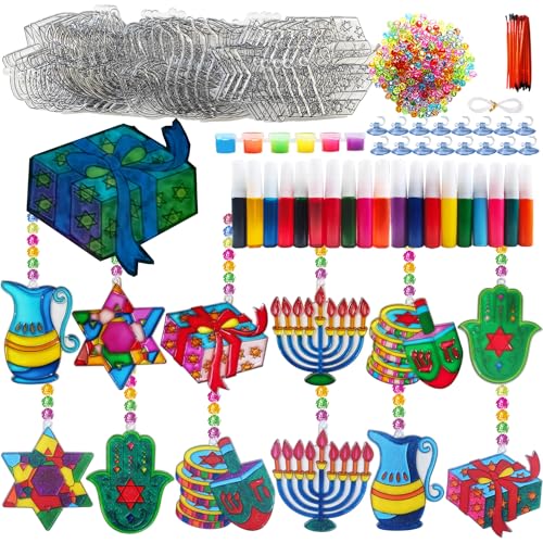 Ayhuhra 30 Sets Hanukkah Suncatcher Craft Kits Hanukkah Stained Glass Suncatcher DIY Glow in The Dark Chanuka Window Paint Art Kit for Hanukkah Festival Window Decorations - style: Hanukkah