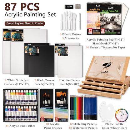 DJAR 87 Pcs Acrylic Paint Set with Tabletop Art Easel, 3-Drawer Storage Box | Complete Art Supplies Includes 24 Colors Acrylic Paint, Sketch Book & Pads, Premium Painting Kit for Adults and Beginners