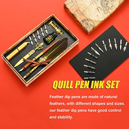 Joyeee Real Feather Quill Pen and Ink Set, Include Sealing Wax Stamp Kit for Wedding, Wooden Calligraphy Dip Pens, 17 Replacement Nibs, Wax Seal Stick for Stamp Seals, Dark Yellow - color: #111 Dark yellow