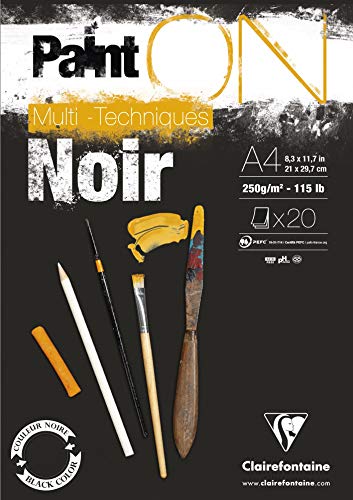 Clairefontaine - Ref 975169C - Paint'ON Multi-Technique Black Paper Pad (20 Sheets) - A4 Size, 250gsm Heavyweight Paper, Slight Rough Grain, Acid Free, pH Neutral - color: Black, size: A4