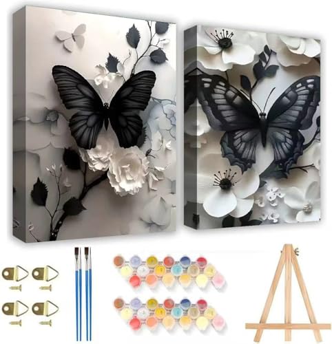 KYOQFVN 2 Pack Butterfly Paint by Numbers with Wooden Easel - Adult Paint by Number Kits on Canvas Framed, Easy Painting by Numbers for Adults, Acrylic Oil Painting for Home Wall Decor 8x12inch - color: BKH1968+BKH1969-US