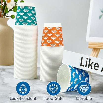 JollyPack 300 Pack 3 oz Disposable Bathroom Paper Cups, Small Mouthwash Cups in Orange, Blue, and Green, Great for Candy, Biscuits, Bathroom Use, Parties, Picnics, and Travel