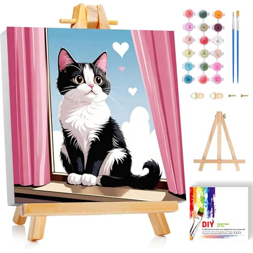 Cat Paint by Numbers Kit for Kids with Frame - Cute Cat Paint by Number for Kids, Cats Kid Painting by Number Kits Age 6-8 for Home Wall Decor 8X8inch (with Wooden Easel) - color: BKH1653