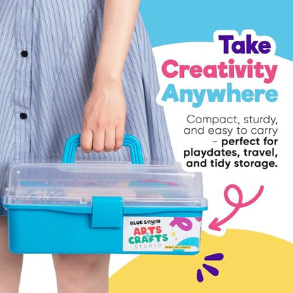 Blue Squid Arts & Crafts Box (Blue)- 2800+ pcs Deluxe Craft Supplies Box, 2 Drawers, 18 Compartments, Sturdy Handle - Art Crafting Kit Birthday Gifts for Kids, School Supply for Ages 4-12 - color: Blue