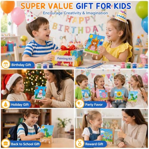 FLUXOJOY 24 Pack Kids Painting Kit, DIY Canvas Painting Set with Easels, Acrylic Paints, Brushes & Palettes, Summer Art Craft Kit for Kids Ages 4-8, Party Favors Classroom Activities Gift