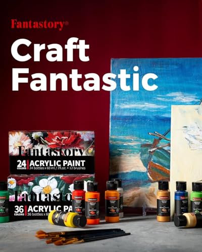 Fantastory Acrylic Paint Set 36 Classic Colors(2oz /60ml) with 12 Brushes, Professional Craft Thick Paints Kits for Adults, Canvas Wood Fabric Ceramic Rock Painting Supplies [Professional Series] - style: 36 Classic Colors
