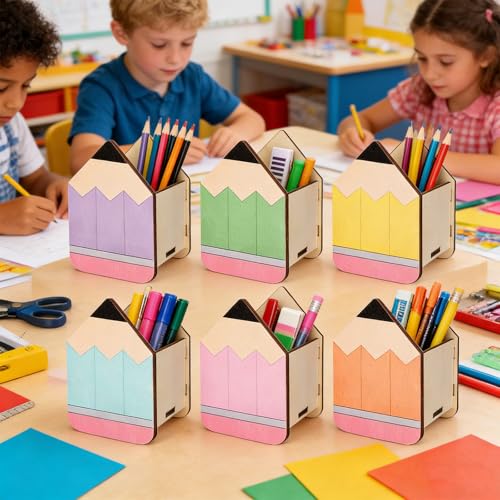 Zhehao 6pcs Pastel Pencil Shaped Pen Holders for Desk Back to School Wooden Pen Storage Organizer, Cute Desktop Pencil Cups, Stationery Pot Bulk for Back to School Teacher Classroom Office Supplies - style: Pencil