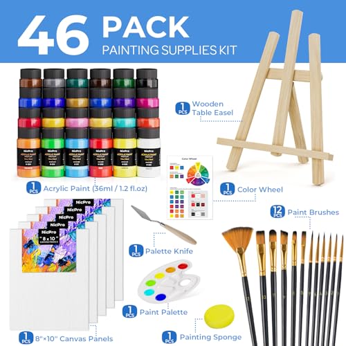 Nicpro Acrylic Paint Canvas Set for Adults, 46PCS Art Painting Supplies Kit with 24 Acrylic Paints(36ML), Table Wood Easel, 5 Canvas Panels, 12 Brushes, Paper Pad, Palette for Artist Beginner Students - color: 24 colors