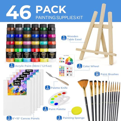 Nicpro Acrylic Paint Canvas Set for Adults, 46PCS Art Painting Supplies Kit with 24 Acrylic Paints(36ML), Table Wood Easel, 5 Canvas Panels, 12 Brushes, Paper Pad, Palette for Artist Beginner Students - color: 24 colors