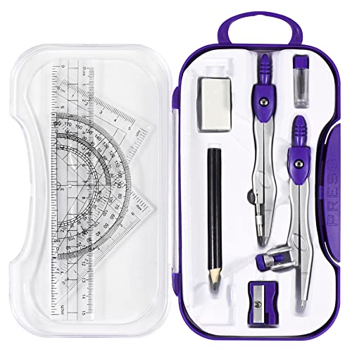 Unjoo Math Geometry Kit Sets 10 Piece Student Supplies with Shatterproof Storage Box,Includes Rulers,Protractor,Compass,Eraser,Pencil Sharpener,Lead Refills,Pencil,for Drafting and Drawings（Purple） - color: Purple