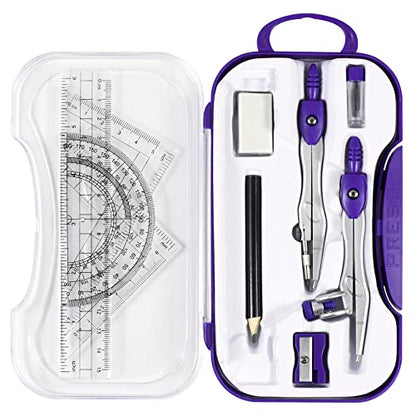 Unjoo Math Geometry Kit Sets 10 Piece Student Supplies with Shatterproof Storage Box,Includes Rulers,Protractor,Compass,Eraser,Pencil Sharpener,Lead Refills,Pencil,for Drafting and Drawings（Purple） - color: Purple